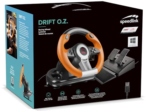 DRIFT OZ Racing Wheel - Volante da gioco USB per PC/computer, pedali per gas e freno, colore nero-arancione - Controller - Immagine 7