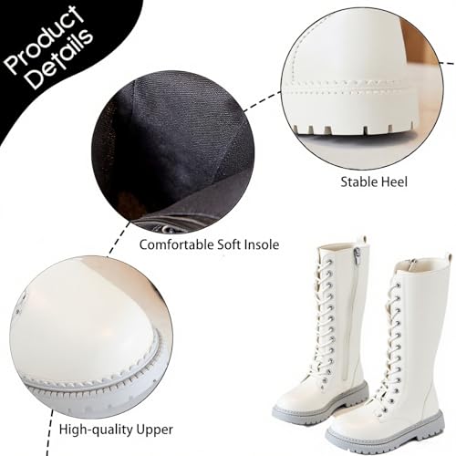 Girls Leather Riding Knee High Boots with Side Zipper Fashion Round Toe Comfortable Low Heel Lace Up Combat Boots Lug Sole Motorcycle Boots Little Kid/Big Kid3
