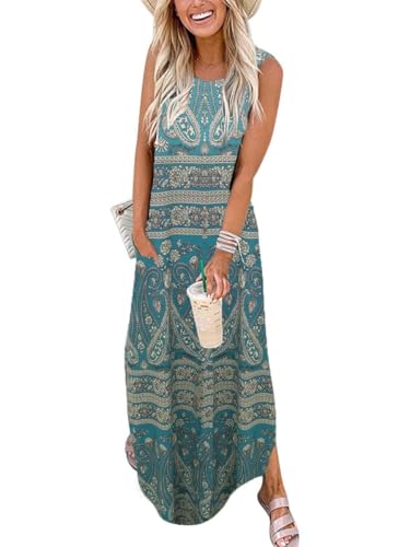 Cuptacc Kleider Damen Ärmellos Strandkleid 2025 Fashion Sommerkleider mit Taschen Leicht Boho Paisley Cyan,Mittel M 38-4...