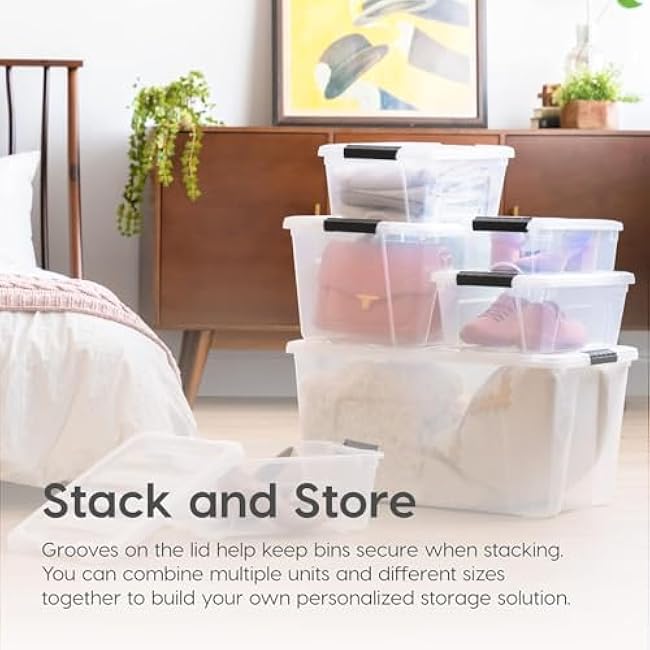 IRIS USA 32 Qt Stackable Plastic Storage Bins with Lids, 4 Pack - BPA-Free, Made in USA - See-Through Organizing Solution, Latches, Durable Nestable Containers, Secure Pull Handle - Clear