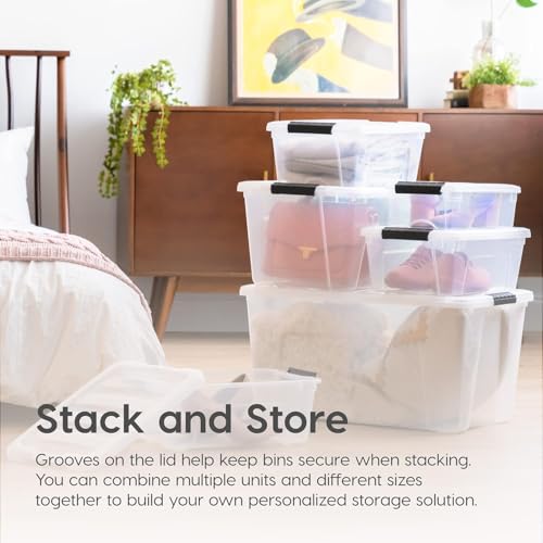 Image of IRIS USA 32 Qt Stackable Plastic Storage Bins with Lids, 4 Pack - BPA-Free, Made in USA - See-Through Organizing Solution, Latches, Durable Nestable Containers, Secure Pull Handle - Clear