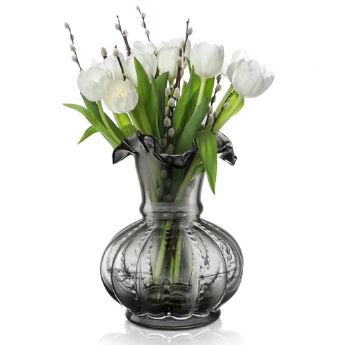 Joeyan Handmade Grey Glass Flower Vase,7.9" Vintage Decorative Urn Vase