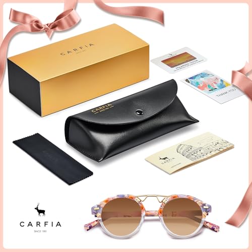 Image of CARFIA Small Face Acetate Polarized Sunglasses for Women UV Protection, Retro Double Bridge Eyewears Metal Brow Round Sunnies