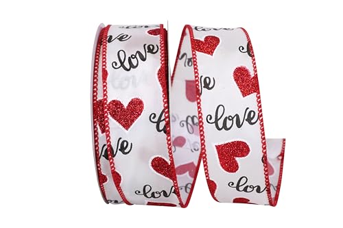 Reliant Ribbon 93777W-030-09H Glitter Hearts Love Wired Edge Ribbon, 1-1/2 Inch X 20 Yards, White