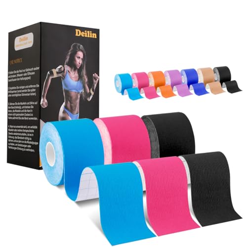 Deilin Kinesio Taping 3 Rotolo, 6m x 5cm Extra Lungo Per Rotolo Tape Kinesiologico Nastro kinesiologico, Taping Kinesiologico per Ginocchio, Spalla e Gomito, Fisioterapiche Impermeabil, Traspirant
