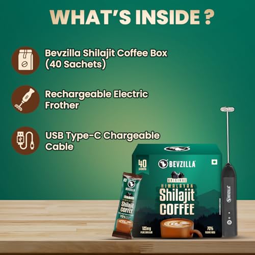 Image of Bevzilla Original Himalayan Shilajit Coffee (40 Sachets) + Rechargeable Milk Frother | 40 Sachets x 2.5g Pure Shilajit | Instant Coffee Combo | Electric Frother