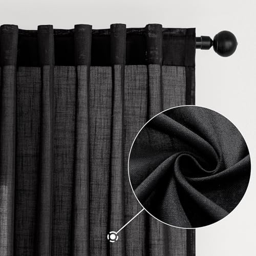 MIULEE Black Linen Curtains 90 Inch Length 2 Panels for Bedroom Living Room, Soft Thick Linen Textured Back Tab Window Drapes Semi Sheer Light Filtering Rod Pocket Modern Farmhouse Halloween Decor