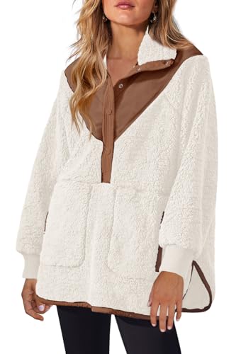 Panadila Womens Fuzzy Fleece Pullover Oversized Sherpa Sweatshirt with Pockets Trendy Warm Button Down Sweater (White,L)