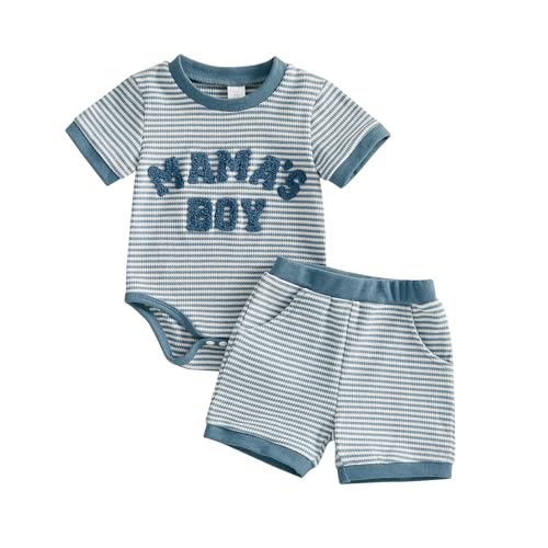 Carolilly Infant Boys Outfits Striped Letter Embroidery Short Sleeve Romper + Shorts 2Pcs Tracksuit Waffled Baby Boys Summer Clothes Set (Blue, 6-9 Months)