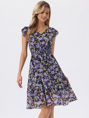 Image of Allegra K Women's Floral Dress Spring Summer V Neck Flutter Sleeve Ruffle Casual Smocked Knee Length Dresses