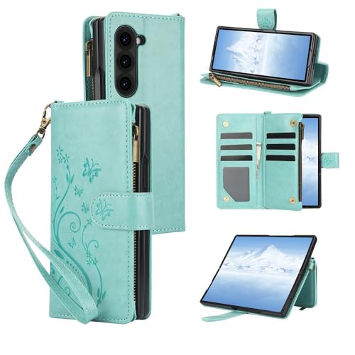 Étui compatible avec Samsung Galaxy Z Fold 6 vert : pochette de protection en cuir portefeuille