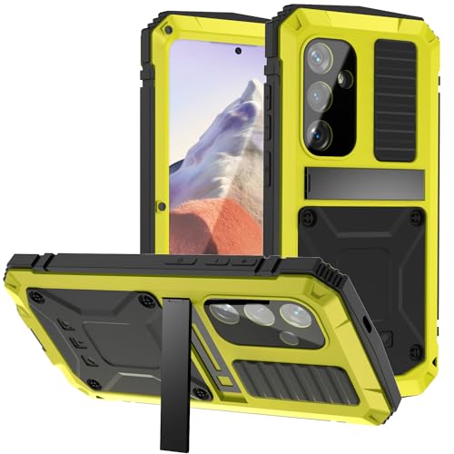 FONREST Funda resistente de cuerpo completo para Samsung-Galaxy-S25-5G con soporte, a prueba de golpes, carcasa híbrida resistente de metal con vidrio templado, soporta carga inalámbrica (amarillo)