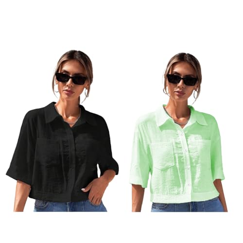 Image of TOPLOT V-Collar Solid Crop Shirt for Women with Half Sleeves, Polyester, Regular Fit