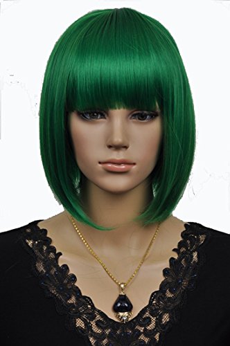 Diy-Wig Classic Short Bob Cut Wigs for Women Lady and Girl Smooth Fiber Full WIgs (Dark Green)