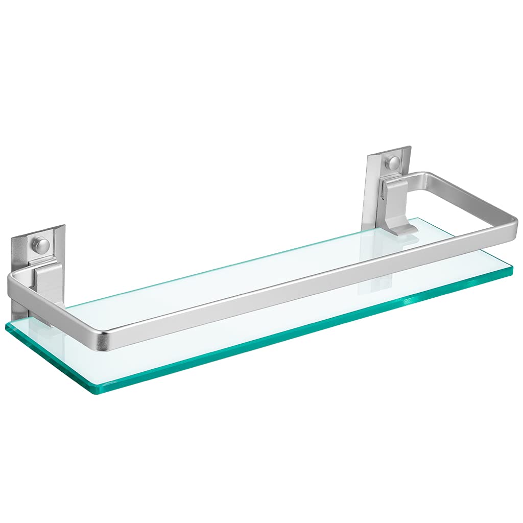 Sanbege Tempered Glass Bathroom Shelf with Rail 15 x 4 5 Rectangular Shower Caddy Wall Mount Floating Shampoo