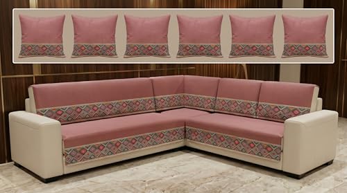 Image of Luxury Sofa Cover L Shape 6 Seater with Matching Cushion Cover 16x16 inch - Rose Pink Solid 3+3 Seater (6 Seater) Quilted Sofa Cover Set Pack of 11, Washable, Rose Pink