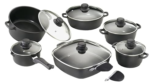 Karcher 112914 Batería de cocina de fundición de aluminio (12 piezas, recubrimiento antiadherente Teflon® Classic, incl. 1 par de agarradores Thermogrips) negra