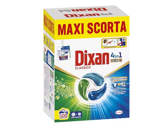 Dixan DISCS 4in1 Classico Detersivo Lavatrice, 50 x 2 Lavaggi, Capsule Lavatrice per una Pulizia Profonda del Bucato e Freschezza Igienica per la Lavatrice, Rimuove le Macchie da 20°C