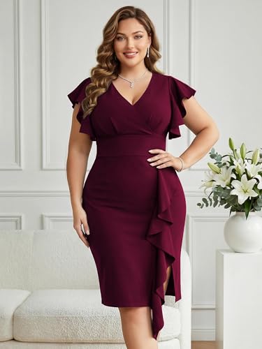 Image of Miusol Women's Plus Size Vintage V Neck Ruffles Sleeve Bodycon Business Cocktail Party Pencil Dress