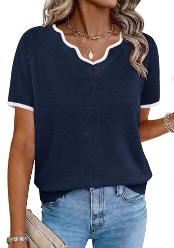 OFEEFAN Short Sleeve Sweater for Women V Neck Sweaters for Women Short Sleeve Tops Blouses Navy L