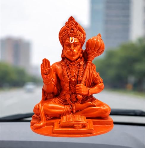 Image of Yadava Orange Hanuman Ji Idol with Double Sided Adhesive Sticker for Home Temple & Car Dashboard | Hanuman Murti with Gada | Powerful Hanuman Statue for Strength, Courage & Protection (Orange)
