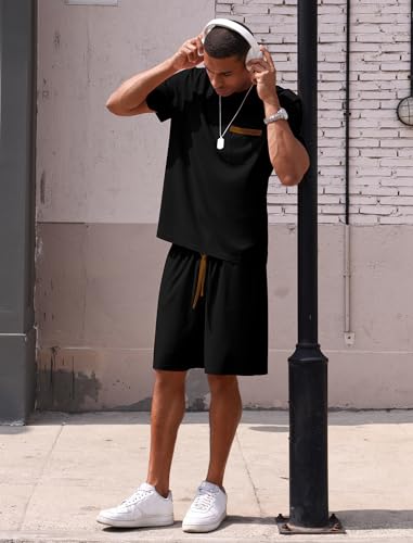 ODIZLI Men's Waffle T Shirt and Drawstring Shorts Summer Tracksuit Casual Two Piece Outfits with Pockets4