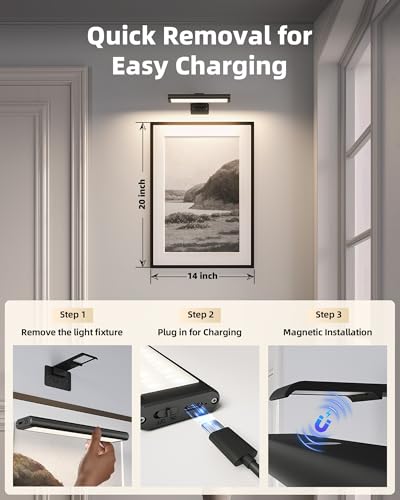 EZVALO Picture Light for Wall, Rechargeable 2400mAh Battery Lights Wireless with IR Remote, 3 Color & Dimmable Magnetic 7.8'' LED Lights Display for Painting, Living Room, Gallery, Bedroom(Black-3P) - Thumbnail 7