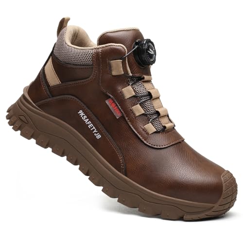 COOU Bottes avec embout en acier pour homme et femme Chaussures de sécurité antidérapantes Bottes de travail légères et confortables avec boucle pivotante et lacets, marron, 10.5 UK