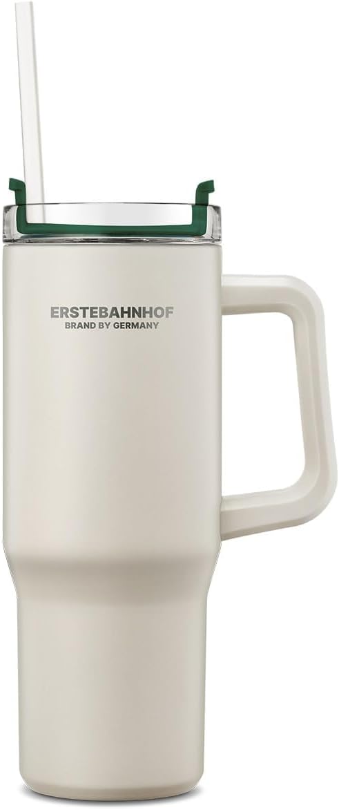 WAGENSTEIGER ERSTEBAHNHOF Alpine Insulated Tumbler Ceramic-Coated Travel Mug with Handle, Twist Lid, and Reusable Straw – Double-Wall Vacuum, Leakproof, Eco-Friendly Smoothie & Coffee Cup (Cream)