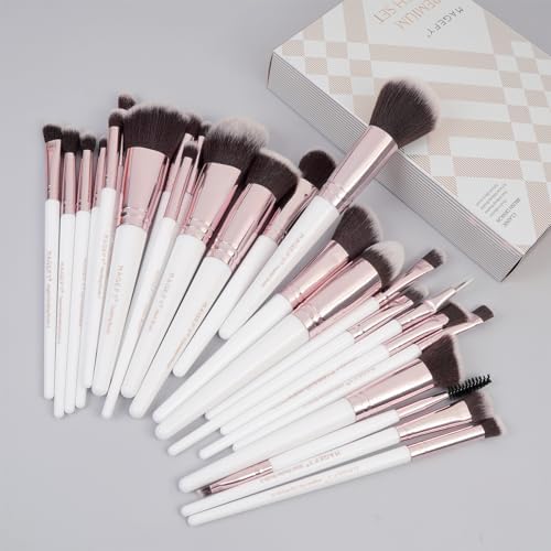 25 Pcs Makeup Brushes with Gift Box, MAGEFY Premium Synthetic Makeup Brush Set Face Foundation Brush Concealer Face Powder Blending Blush Eyeshadow Make up Brushes Set(White)