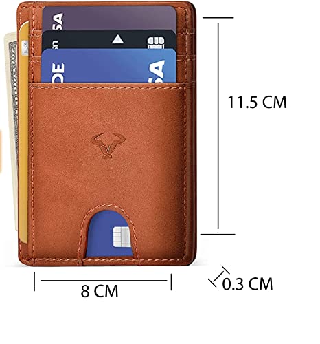 Image of Contacts Genuine Leather Slim Wallet | RFID Blocking Skinny Minimal Thin Front Pocket Wallet Sleeve Card Holder for Men | Up to 7 Card Slots Including 1 ID Window (Brown)