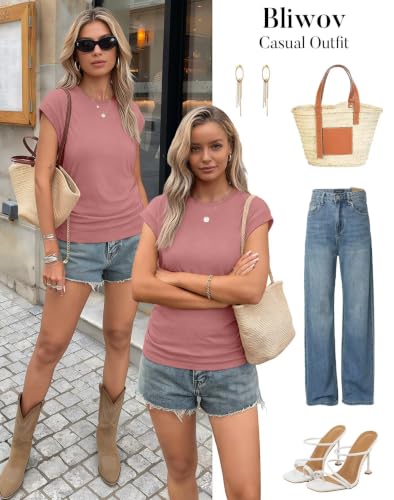 Image of Bliwov Womens Summer Tops Cap Sleeve Crew Neck Casual T Shirts