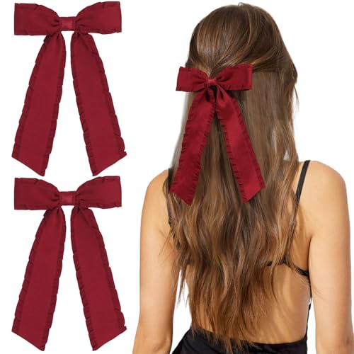 VOBOBE 2PCS Hair Bows for Women Girls Red Tassel Hair Ribbon Bowknot Hair Clips Barrettes Hair Accessories for Girl with Long Tail (Red)