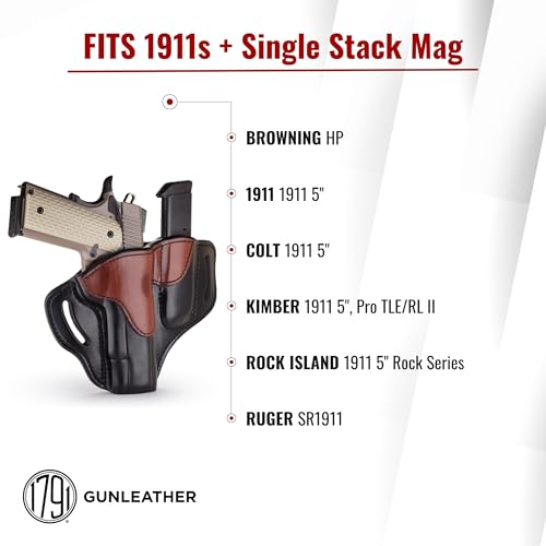 1791 GUNLEATHER 1911 Holster, Right Hand OWB Leather Gun Holster for belts fits all 1911 models with 4" and 5" barrels (1911 Combo Polished Black & Brown)