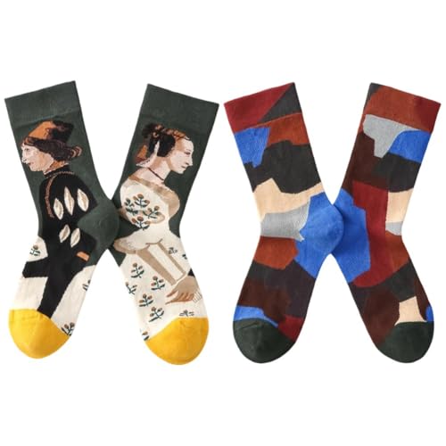 Bemvp 2 Paia di Calzini con Pittura a Olio, Calzini Casual a Tubo Medio, Divertenti Calzini Estetici per Uomo O, Sport all'Aria Aperta, Escursionismo