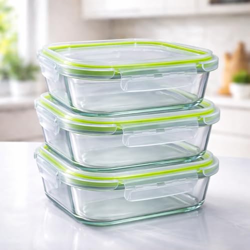 Glass Food Storage Containers Set of 3 (830ml Each) Square | Airtight Leakproof Lunch Boxes with Locking Lid | Microwave Freezer Safe Meal Prep Contai