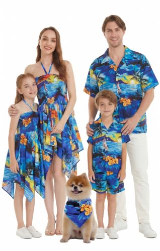 Image of Hawaii Hangover Family Matching Hawaiian Clothes, Sunset Blue | Family matching Hawaiian outfits, Sunset Blue, lightweight rayon, machine washable, tropical print, luaus, cruises