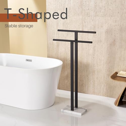 Image of KOKOSIRI Free Standing Towel Racks Matte Black 2-Tier Towel Holder for Bathroom Floor Stand with Heavy Marble Base Thicken Steady Design Stainless Steel THS0005-BK