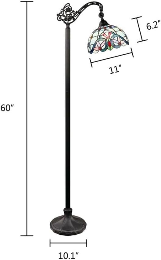 Pemberly Row Modern Metal Reading Floor Lamp, 60 in Tall, Bronze Finish, Hand-Crafted Stained Glass Shade, Downlight Design, Foot Switch, Indoor Use for Bedroom, Living Room or Office