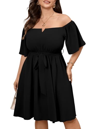 Image of SCOMCHIC Womens Plus Size Cocktail Dress Summer Off Shoulder Short Sleeve Flowy Ruffle A-Line Cute Mini Dress with Belt
