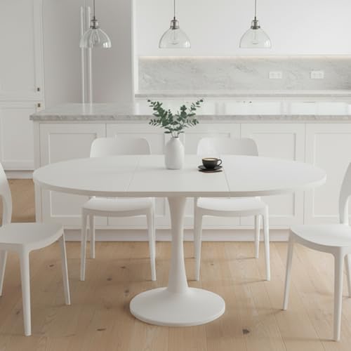 Aislinglen Mesa Redonda Extensible Blanca 100-140x100x75 cm, Mesa Comedor Redonda Extensible Plegable para 4-6 Personas, Ideal para Cocina, Salón O Comedor