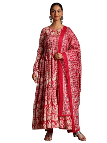 Image of Libas Printed Cotton A-Line Kurta With Churidar and Dupatta