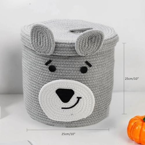 Image of Aroma Brand Kids Lid Basket with Beautiful Characters - Rope Storage Basket for Baby Diaper, Stuffed Animal Storage Bin Rope Basket for Kids Toy, Baby Laundry Baskets with Lid (Grey Dog)