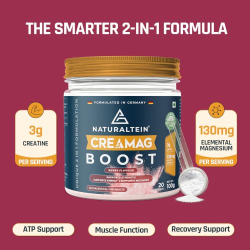 Image of Naturaltein Creamag Boost Creatine 3g + Magnesium Bisglycinate 130mg Supplement Powder, Berry Flavour, Supports Strength, Energy & Recovery, 100g (20 Servings)