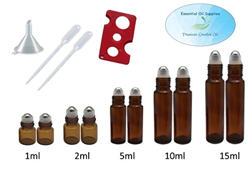 1ml, 2ml, 5ml, 10ml, 15ml Amber Glass Roller Bottles with Stainless Steel Balls, Funnel, Pipettes, and Essential Oil Bottle Opener