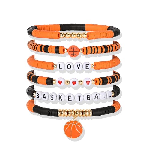 Poasrelax Basketball Beaded Bracelet Stack Orange Black Gold Layered Stretch Bracelets with 3D...