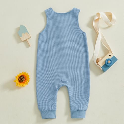 Kuriozud Newborn Infant Unisex Baby Boy Girl Clothes Button Romper Jumpsuit Basic One Piece Outfits Waffle Sleeveless Blue, 0-3 Months - Thumbnail 3