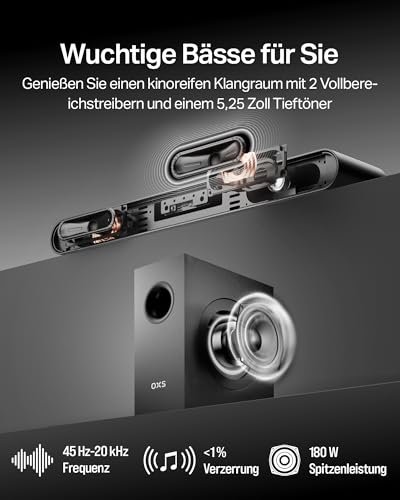 OXS S21 2.1-Kanal Soundbar mit Subwoofer, Präzisionssound mit tiefen Bässen, 180 W Leistung, 3 EQ-Modi, für Heimkino/Musik/Spiel, für TV, PC, Xbox, PS4/5, Telefon, Ultrakompakt, Einfache Einrichtung - 1