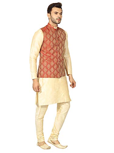 Image of Uri and MacKenzie Men's Silk Blend Regular Kurta Churidar Pyjama with Bundi Nehru Jacket /Waistcoat