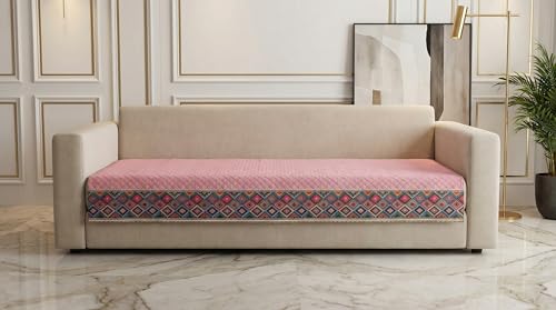 Image of Velvet Quilted Sofa Cover Mat Seat & Back, L Shape 4+3, Main L90in Chaise L69in H32in, Baby Pink Color,Anti Skid Backing, 6in Hanging Strap Design, Washa, Style -BabyPink-L43